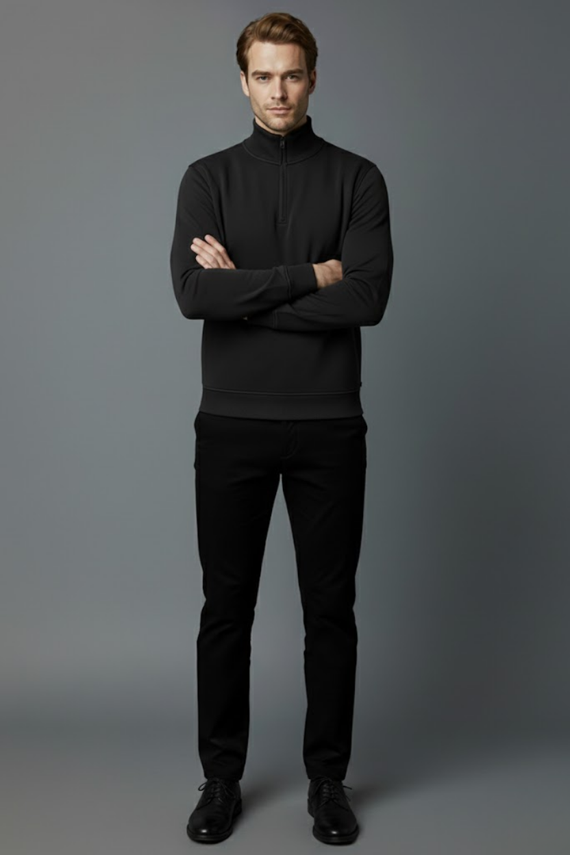 Unisex Kışlık Siyah Yarım Fermuarlı Dik Yaka 2 İplik Basic Sweatshirt