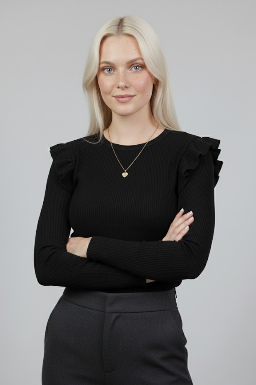 Siyah Kaşkorse Uzun Kollu Fırfırlı Omuz Detaylı Pamuklu Ribana Bluz