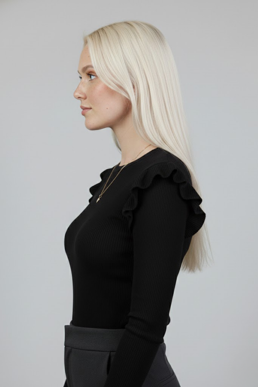 Siyah Kaşkorse Uzun Kollu Fırfırlı Omuz Detaylı Pamuklu Ribana Bluz