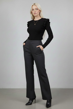 Siyah Kaşkorse Uzun Kollu Fırfırlı Omuz Detaylı Pamuklu Ribana Bluz