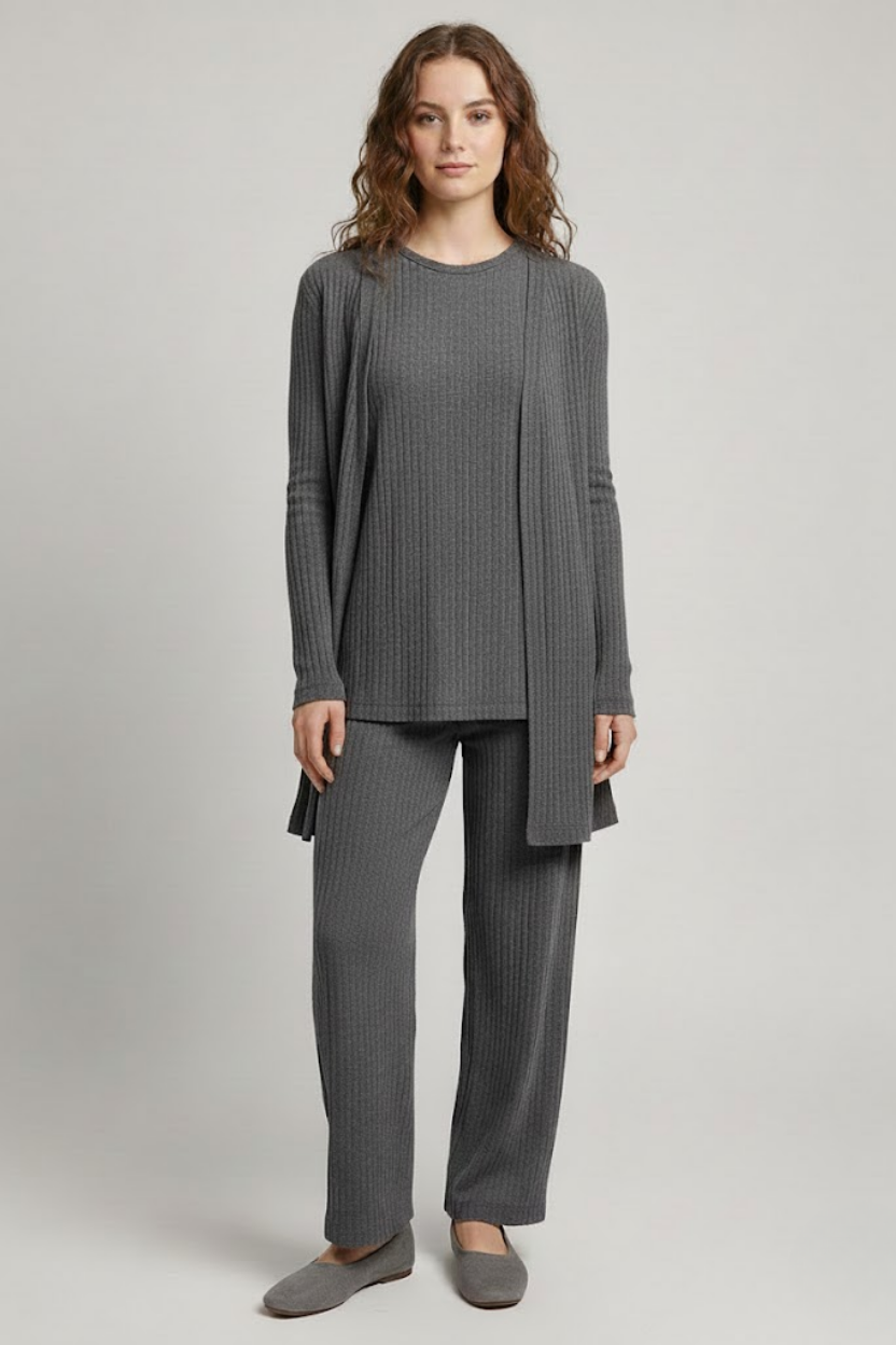 Kadın Gri Ribanalı Üçlü Takım Uzun Hırka Bisiklet Yaka Bluz Lastikli Boru Paça Pantolon