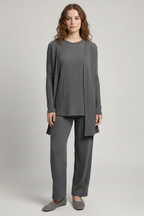 Kadın Gri Ribanalı Üçlü Takım Uzun Hırka Bisiklet Yaka Bluz Lastikli Boru Paça Pantolon