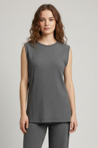 Kadın Gri Ribanalı Üçlü Takım Uzun Hırka Bisiklet Yaka Bluz Lastikli Boru Paça Pantolon