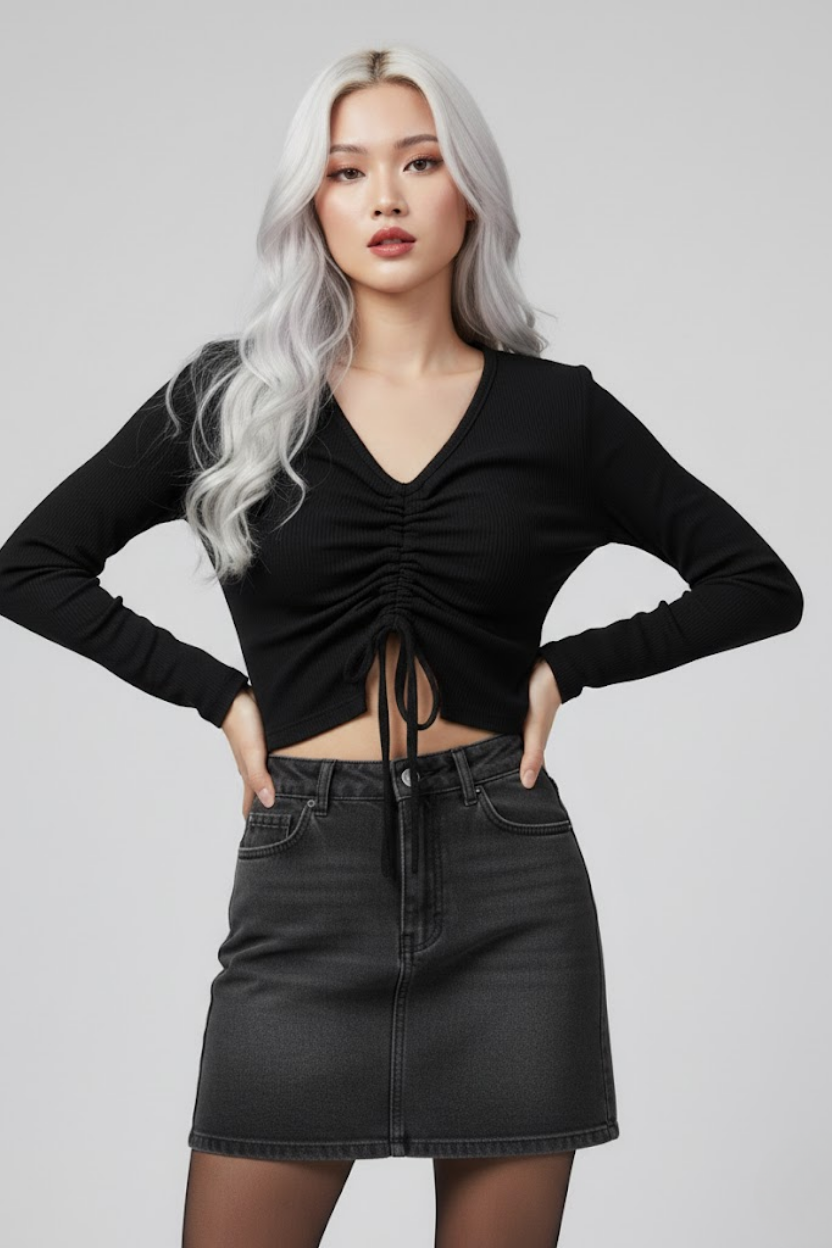 Siyah Uzun Kollu Kaşkorse Crop Bluz Büzgülü V Yaka