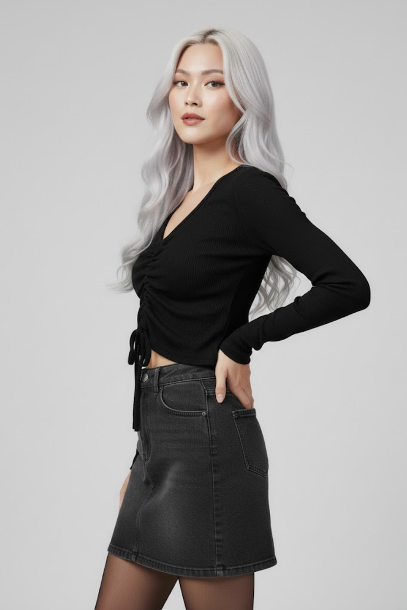 Siyah Uzun Kollu Kaşkorse Crop Bluz Büzgülü V Yaka