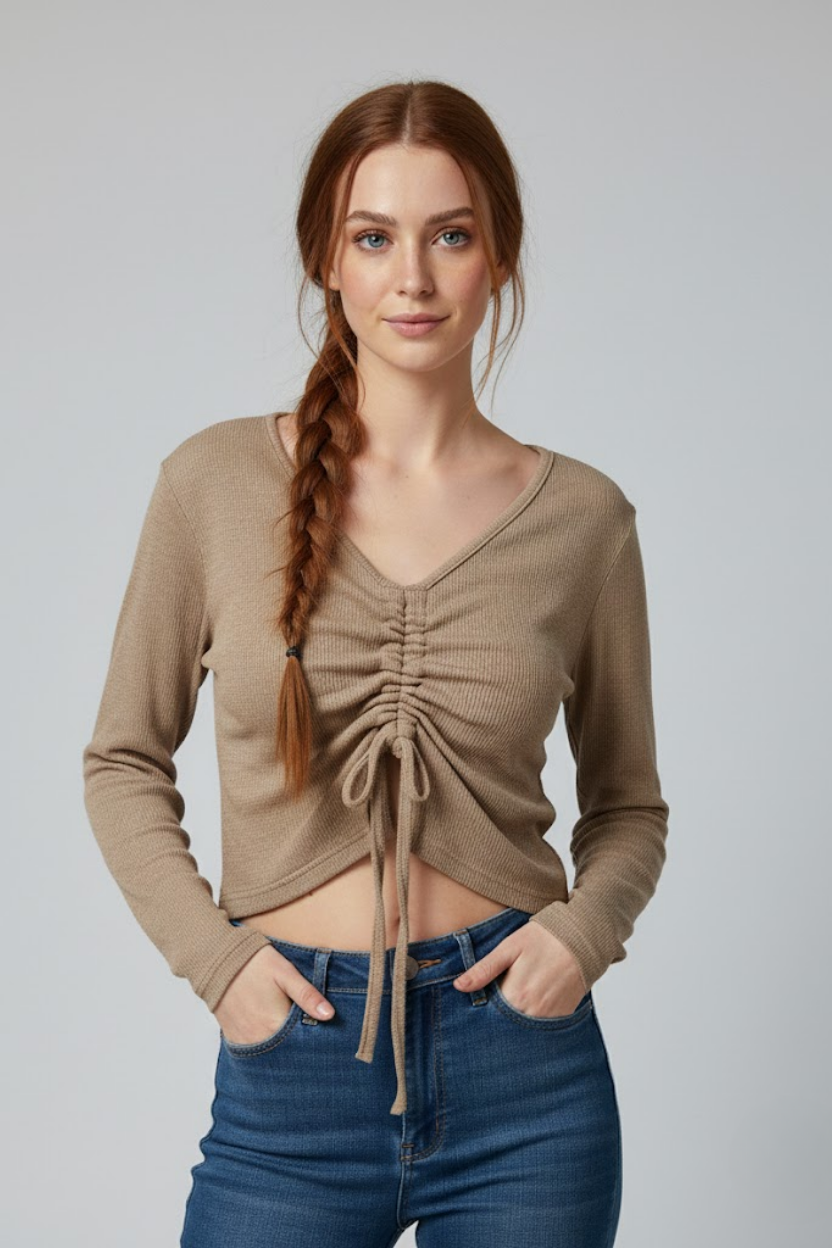 Sütlü Kahve Uzun Kollu Kaşkorse Crop Bluz Büzgülü V Yaka