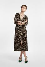 Kadın Leopar Desenli Bürümcük Dokuma Yarasa Kol Önü Yırtmaçlı Midi Elbise