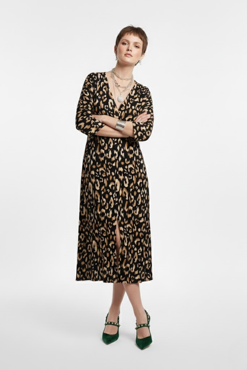 Kadın Leopar Desenli Bürümcük Dokuma Yarasa Kol Önü Yırtmaçlı Midi Elbise