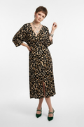 Kadın Leopar Desenli Bürümcük Dokuma Yarasa Kol Önü Yırtmaçlı Midi Elbise