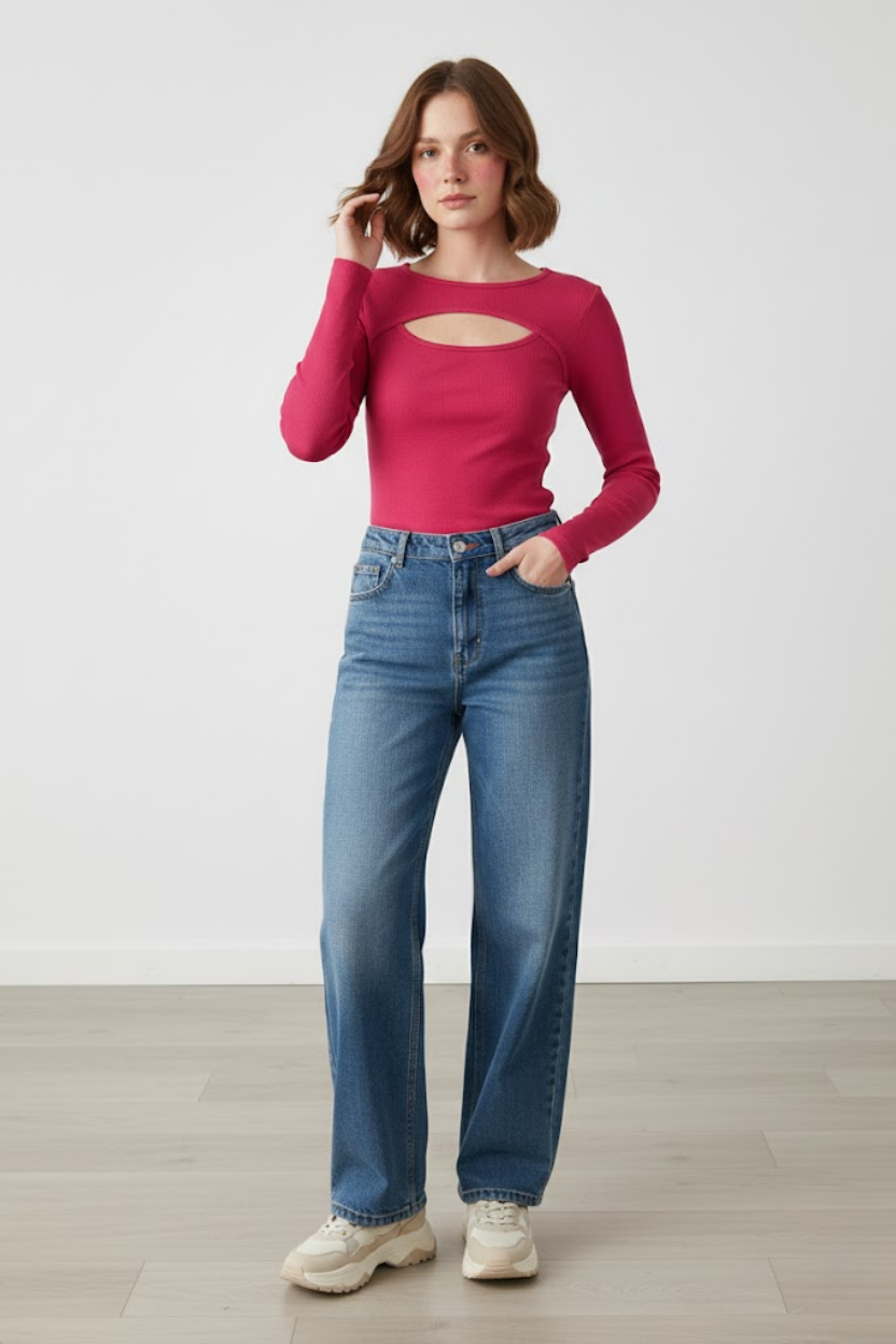 Kadın Pembe Pamuklu Kaşkorse Pencere Yaka Cut Out Detaylı Uzun Kollu Slim Fit Bluz