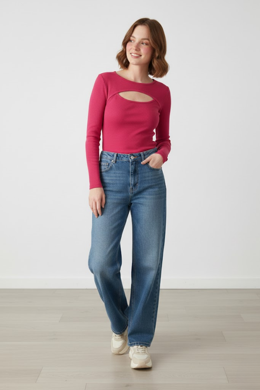 Kadın Pembe Pamuklu Kaşkorse Pencere Yaka Cut Out Detaylı Uzun Kollu Slim Fit Bluz