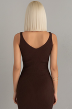 Kadın Kahverengi Ajurlu Delikli Kazak ve Fitilli Triko Elbise İkili Takım - Yumuşak Dokulu Örme Alt Üst Takım