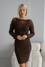 Kadın Kahverengi Ajurlu Delikli Kazak ve Fitilli Triko Elbise İkili Takım - Yumuşak Dokulu Örme Alt Üst Takım