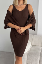 Kadın Kahverengi Ajurlu Delikli Kazak ve Fitilli Triko Elbise İkili Takım - Yumuşak Dokulu Örme Alt Üst Takım