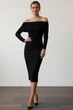 Kadın Siyah Madonna Yaka Sandy Kumaş Esnek Midi Boy Uzun Kollu Elbise