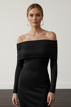 Kadın Siyah Madonna Yaka Sandy Kumaş Esnek Midi Boy Uzun Kollu Elbise