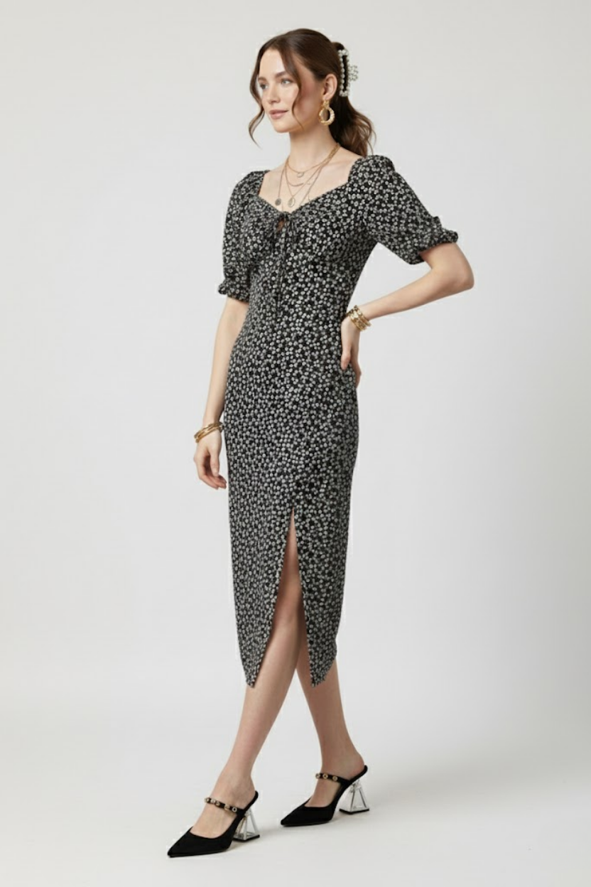 Kadın Siyah Çiçek Desenli Yırtmaçlı Midi Elbise - Kare Yaka Büzgü Detaylı Esnek Formlu Günlük Şık Elbise