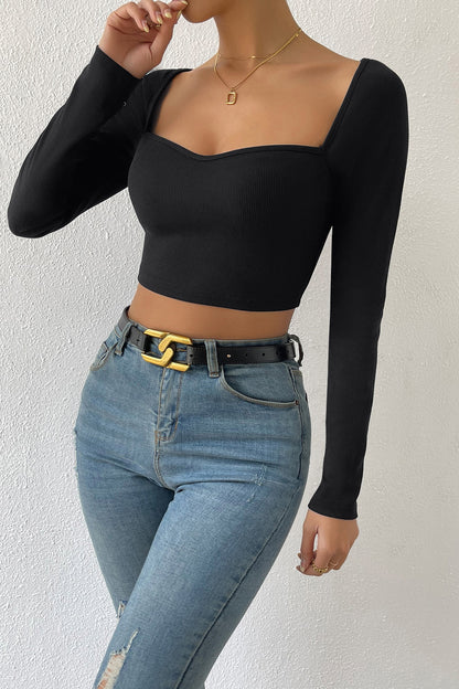 Kadın Siyah Uzun Kol Göğüs Dekolteli Şık Crop Top Bluz