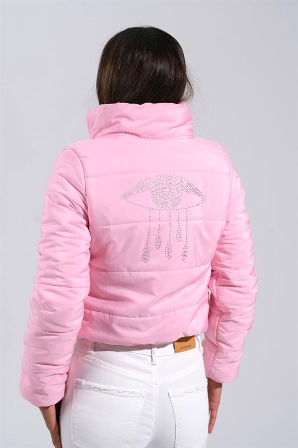 Açık Pembe Sırtı Taş Baskılı Dik Yaka Kısa Şişme Mont