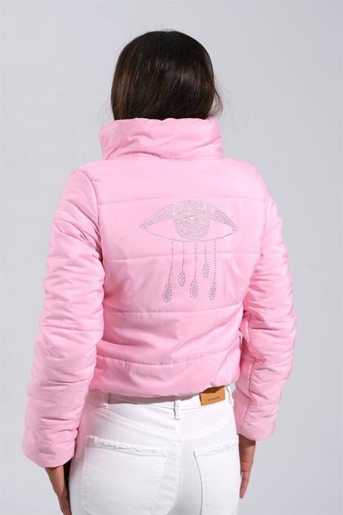 Açık Pembe Sırtı Taş Baskılı Dik Yaka Kısa Şişme Mont