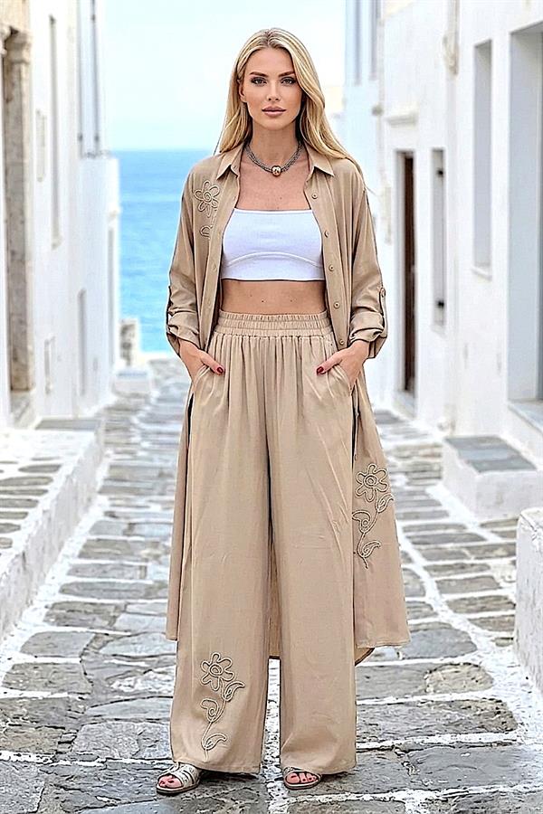 Bej Çiçek Nakışlı Gömlek Elbise Pantolon Takım