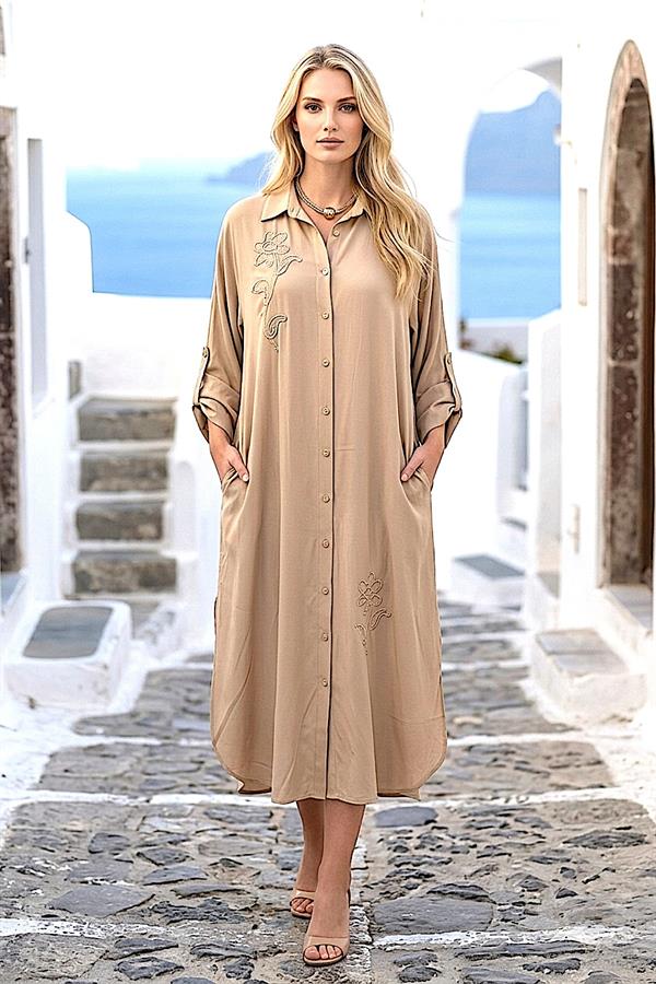 Bej Çiçek Nakışlı Gömlek Elbise Pantolon Takım