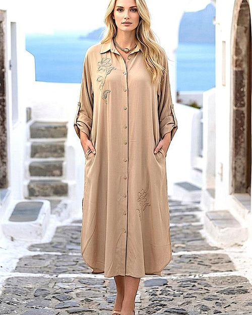 Bej Çiçek Nakışlı Gömlek Elbise Pantolon Takım