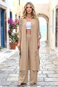 Bej Çiçek Nakışlı Gömlek Elbise Pantolon Takım