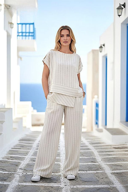 Bej Çizgili Bluz Pantolon Keten Takım