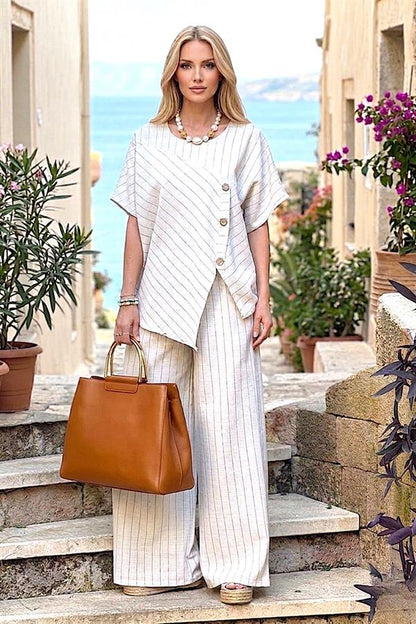 Bej Çizgili Düğme Detaylı Bluz Pantolon Keten Takım