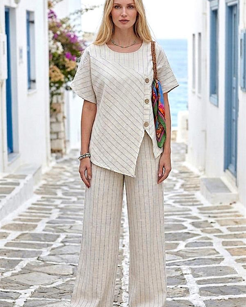 Bej Çizgili Düğme Detaylı Bluz Pantolon Keten Takım