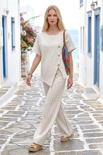 Bej Çizgili Düğme Detaylı Bluz Pantolon Keten Takım