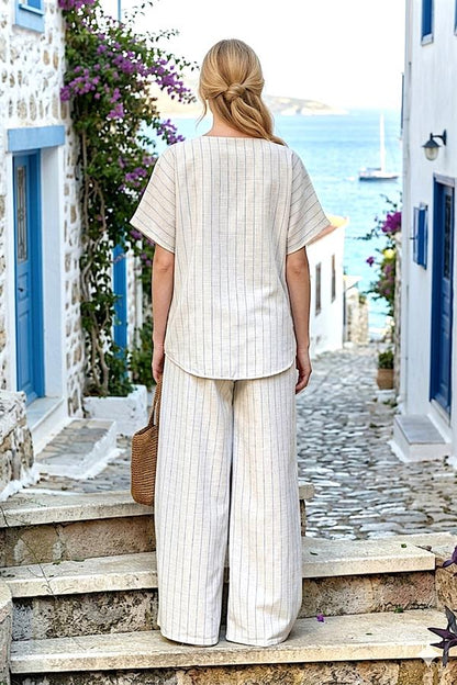 Bej Çizgili Düğme Detaylı Bluz Pantolon Keten Takım