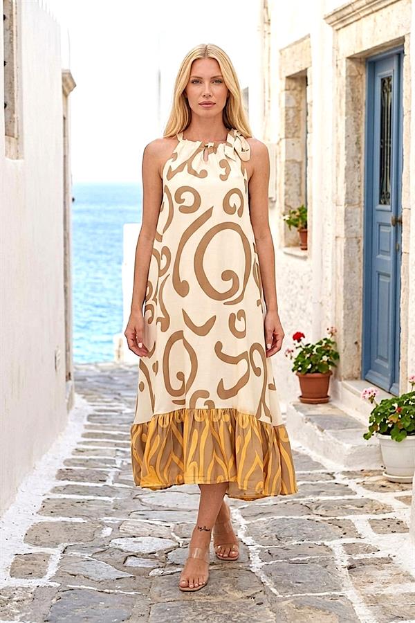 Bej Desenli Boyundan Bağlamalı Cepli Uzun Elbise