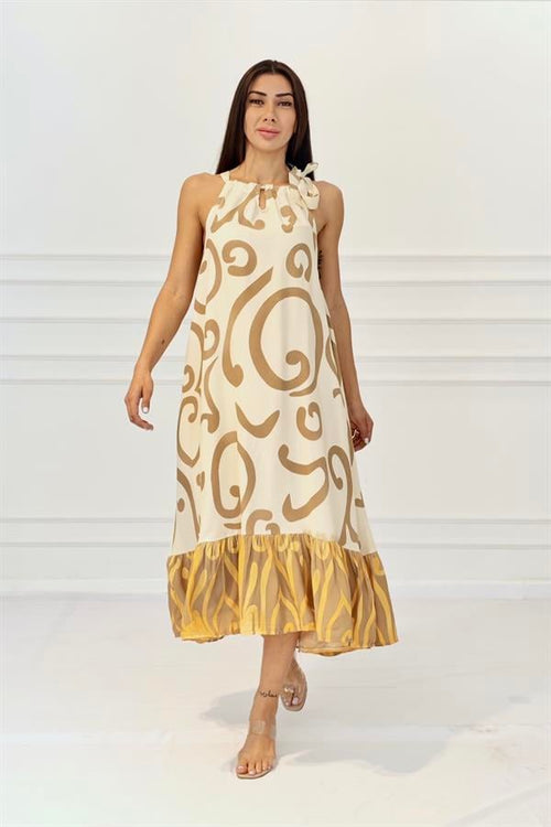 Bej Desenli Boyundan Bağlamalı Cepli Uzun Elbise