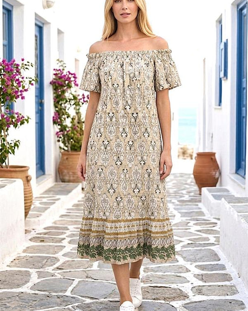 Bej Desenli Madonna Yaka Elbise