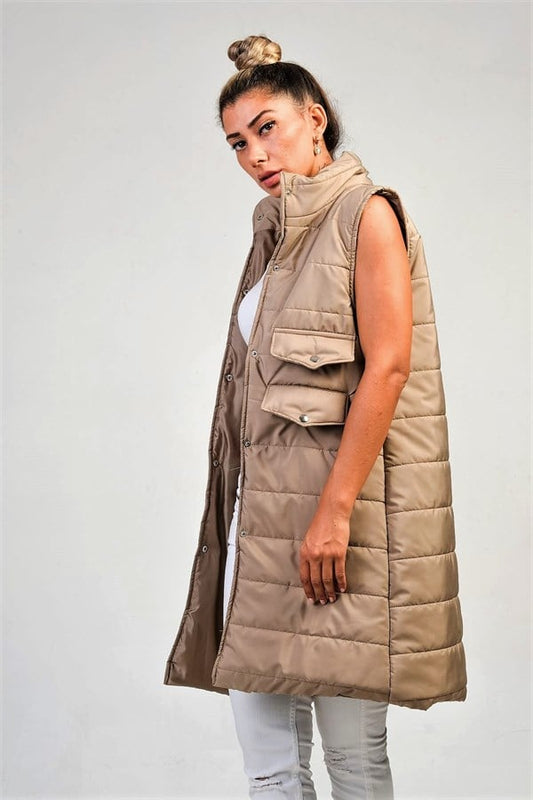 Bej Dik Yaka Cep Detaylı Uzun Şişme Yelek