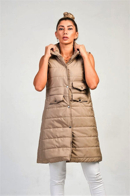 Bej Dik Yaka Cep Detaylı Uzun Şişme Yelek