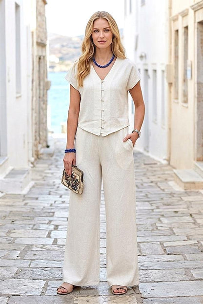 Bej İnci Düğmeli Bluz Pantolon Keten Takım