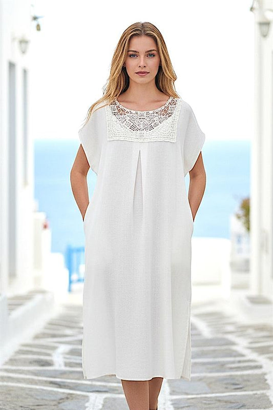 Bej Rengi Göğsü Dantelli Keten Midi Elbise