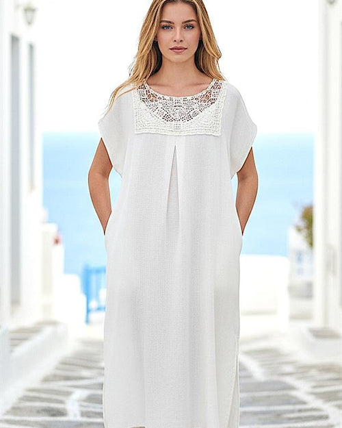 Bej Rengi Göğsü Dantelli Keten Midi Elbise