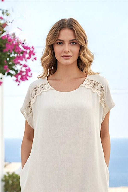 Bej Rengi Omuzları Dantelli Keten Midi Elbise