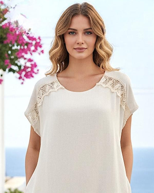 Bej Rengi Omuzları Dantelli Keten Midi Elbise