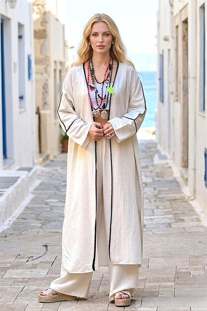 Bej Siyah Bordürlü Keten Kimono Pantolon Takım