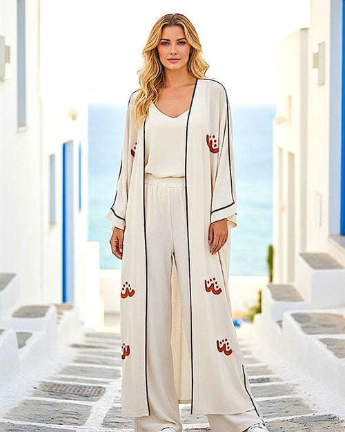 Bej Turuncu Nakışlı Keten Kimono Pantolon Takım