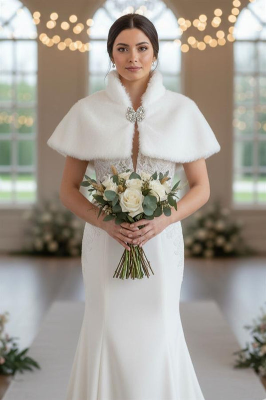 Beyaz Broşlu Kürk Etol Bolero