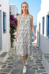 White Patterned Thick-Strapped Pocketed Midi Dress