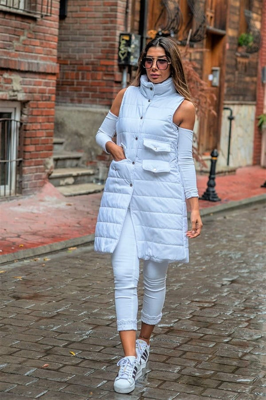 Beyaz Dik Yaka Cep Detaylı Uzun Şişme Yelek