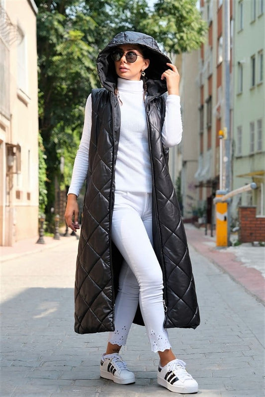 Siyah Kapüşonlu Cepli Baklava Desen Uzun Şişme Yelek