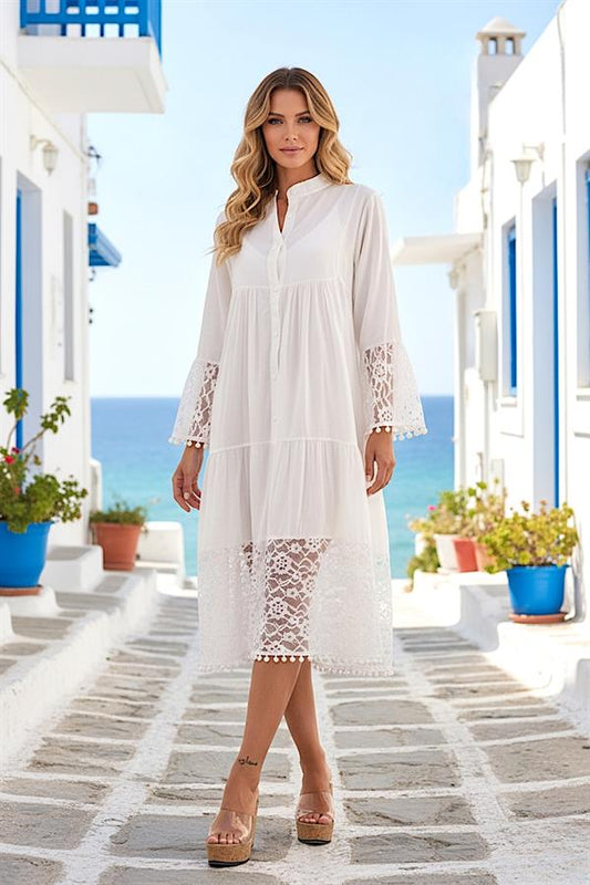 Beyaz Önden Düğmeli Kolları Ve Eteği Dantelli Ponponlu Midi Elbise